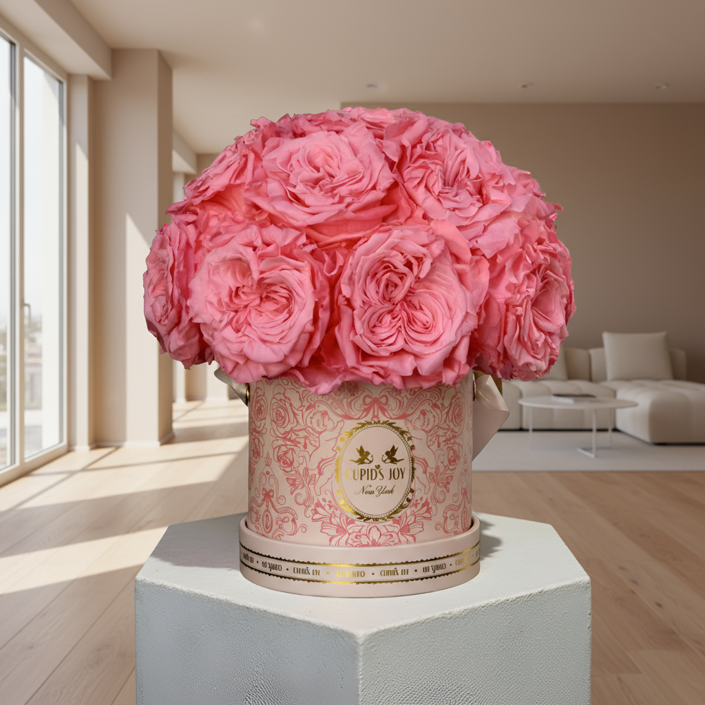 Pink forever roses in a hat flower box in the living room