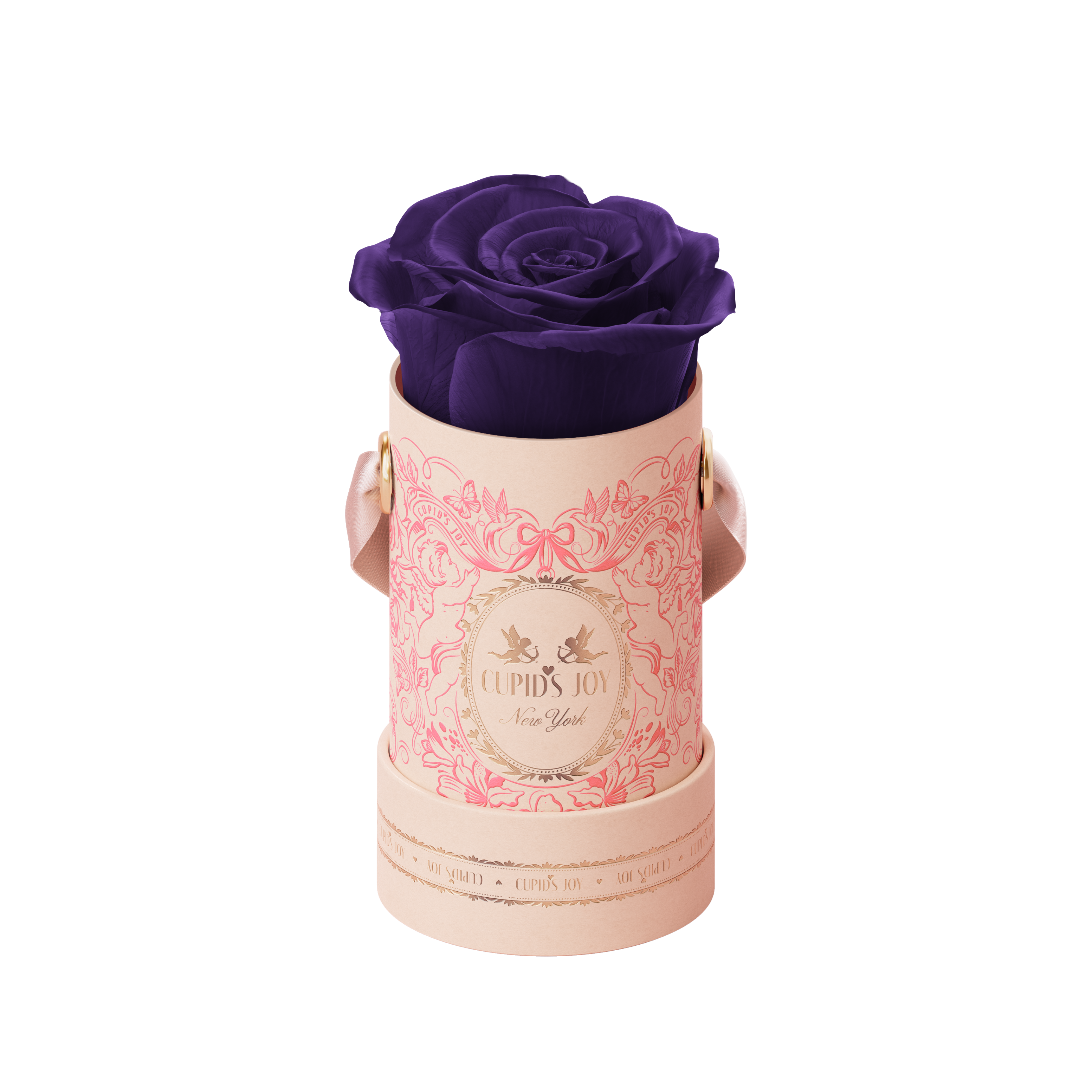 Pink maison cupid hat box with a purple rose on a white background