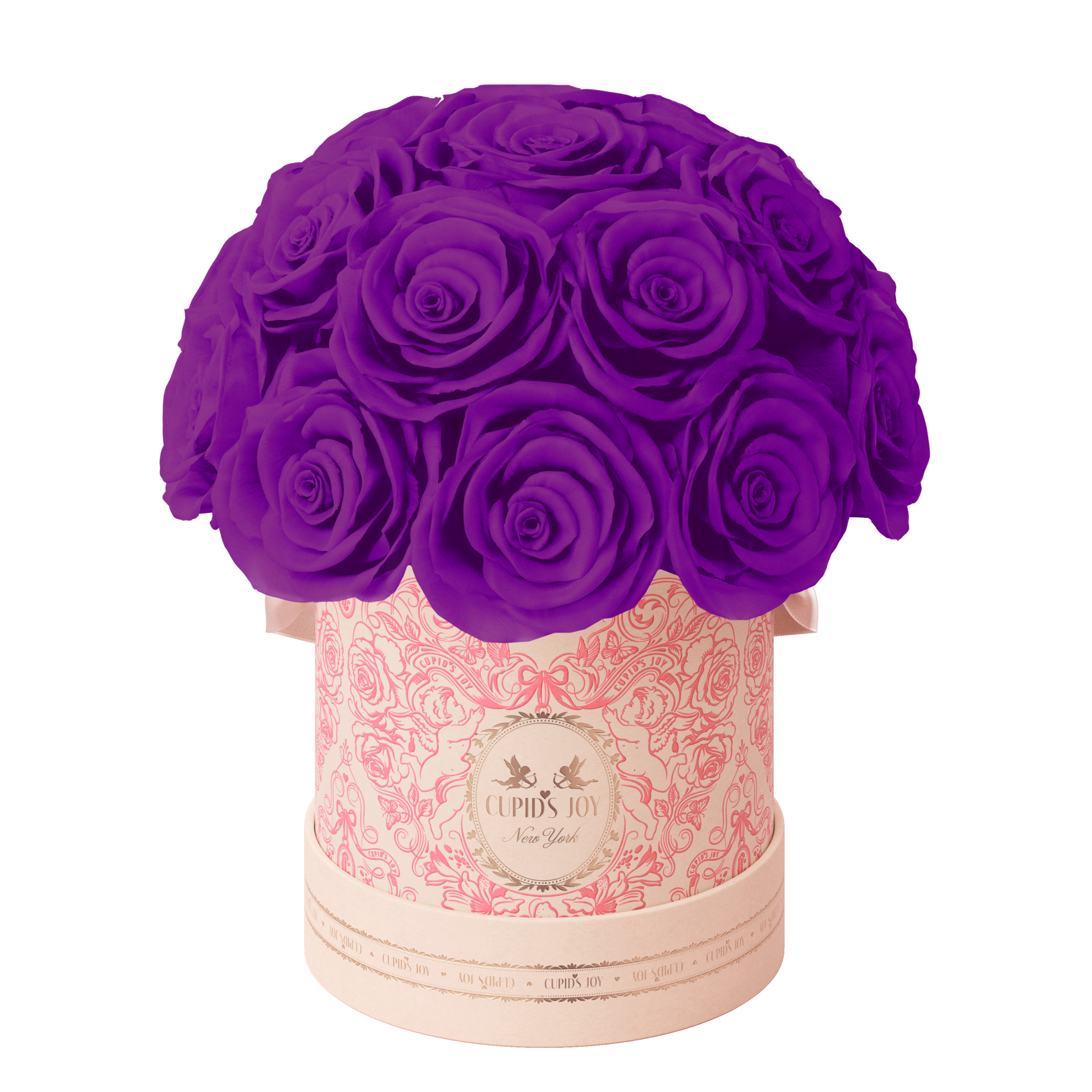 A round bouquet of deep purple roses arranged in a decorative pink and white round pink hat box by Maison Cupid