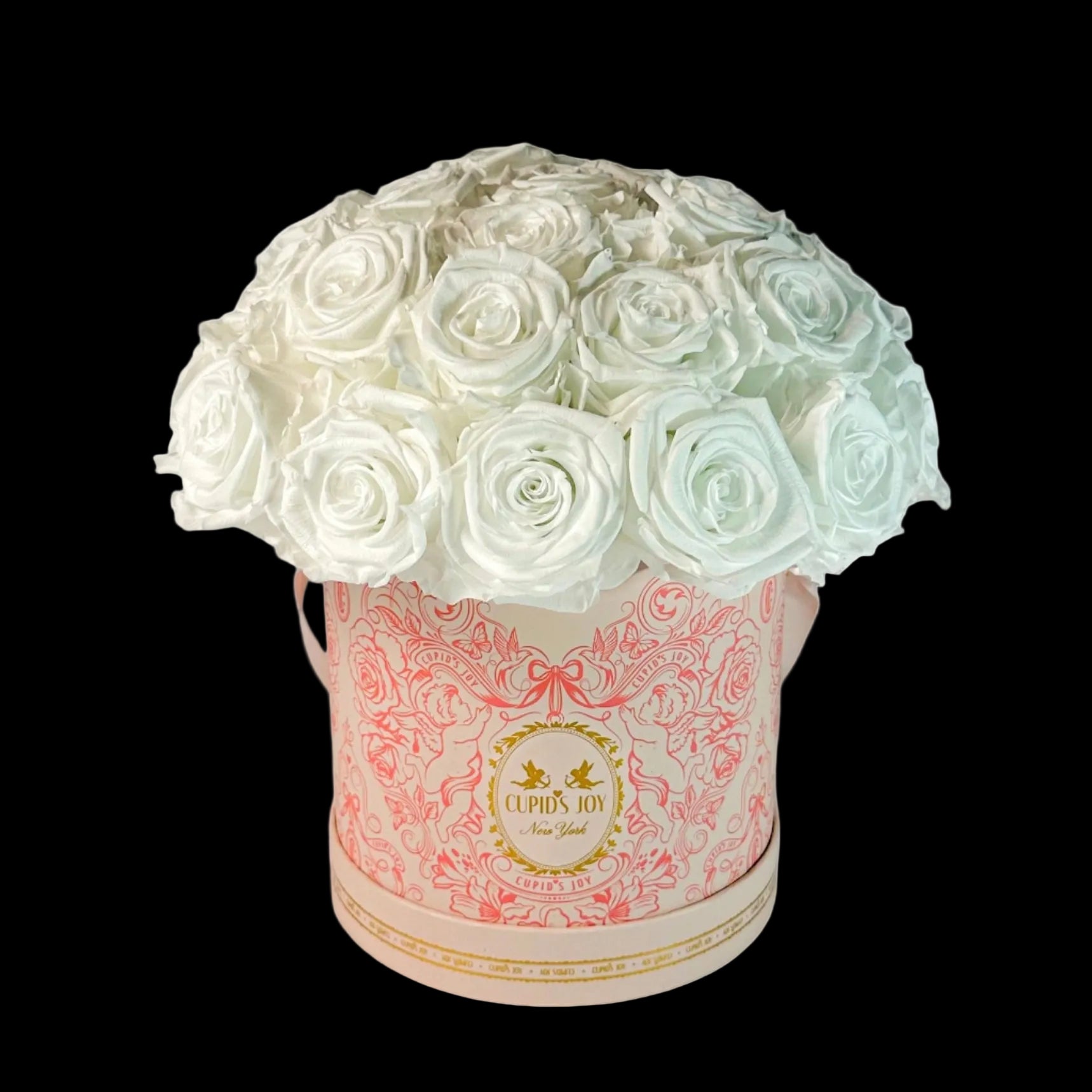 Forever white roses preserved to last a year, displayed in a premium flower box.