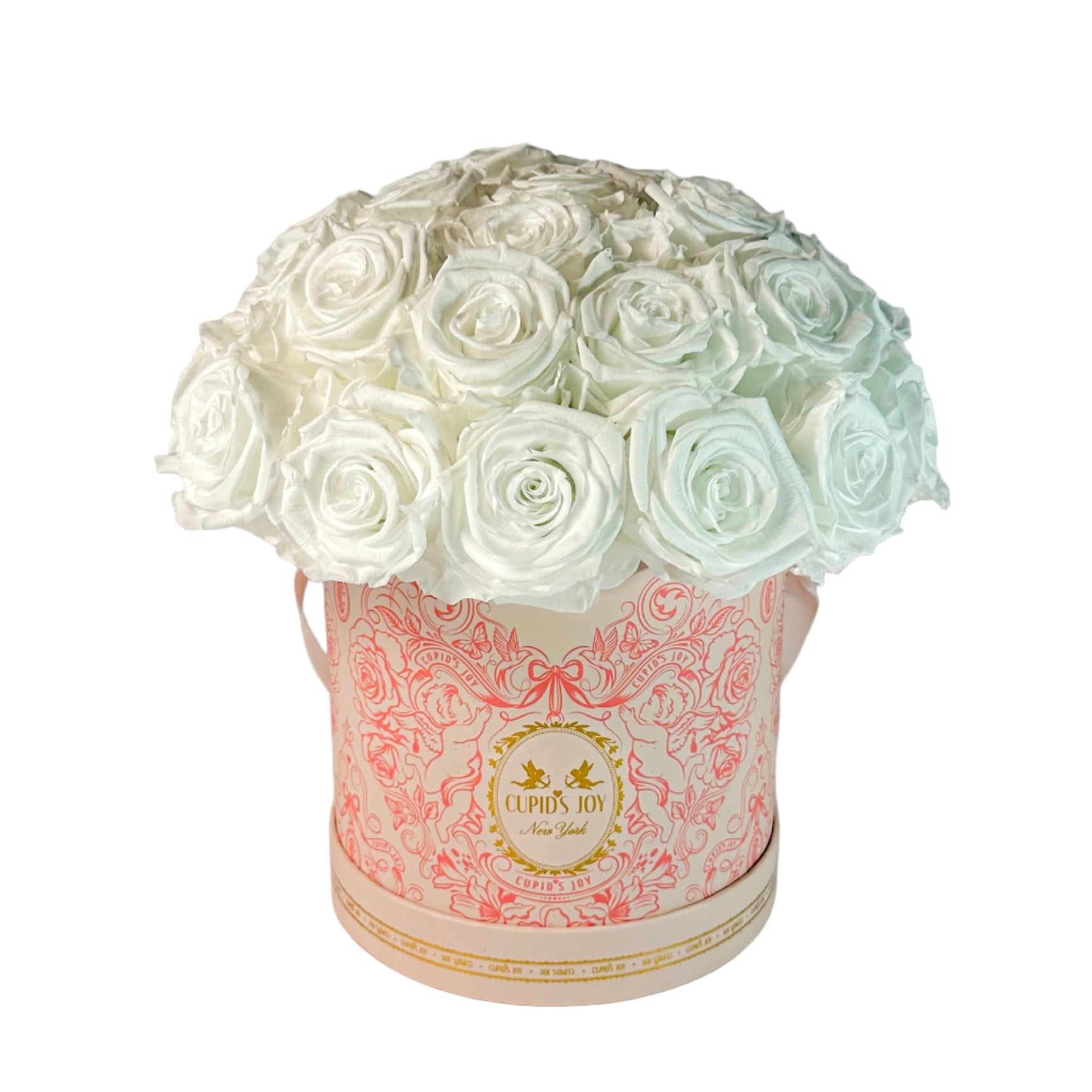 Forever white roses preserved to last a year, displayed in a premium flower box.