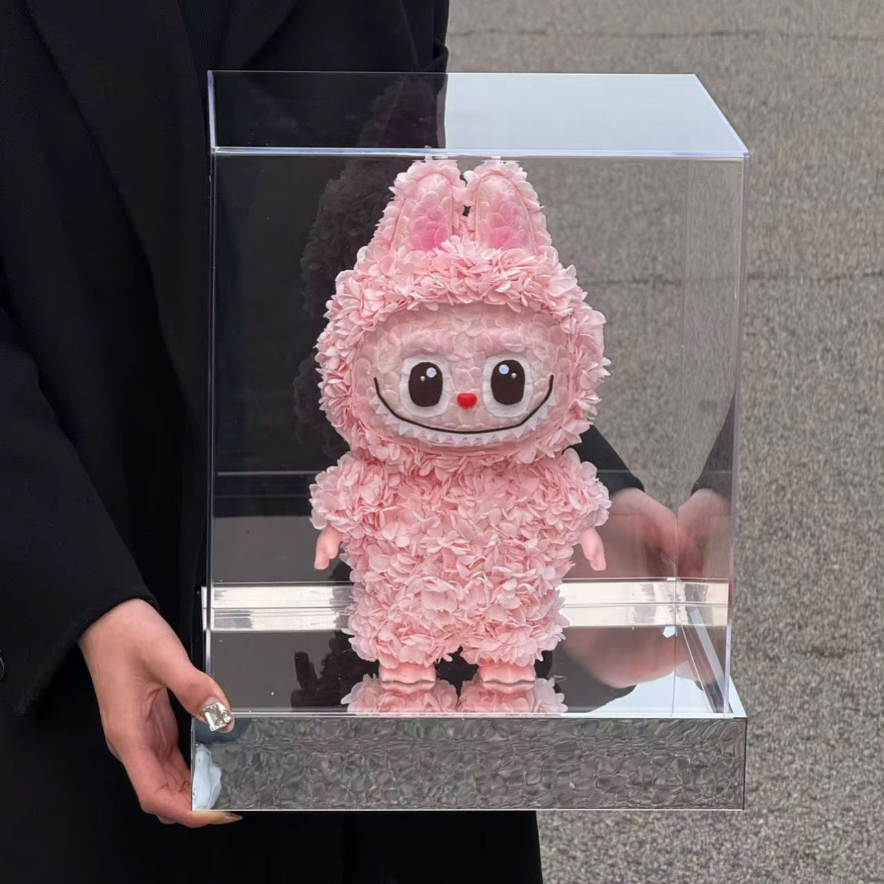 Pink eternal hydrangea labubu in the dome stand