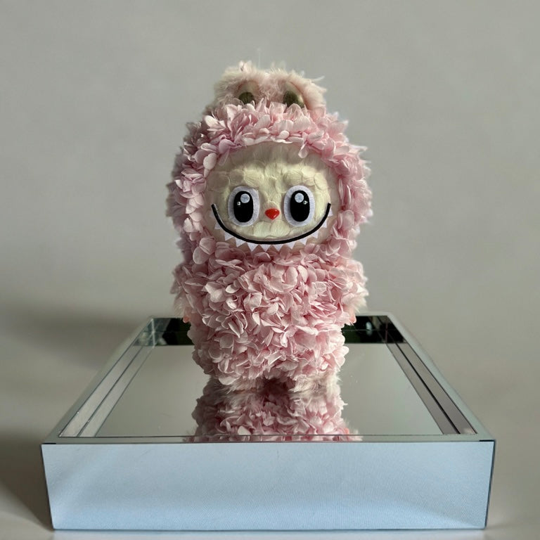 Pink Labubu Forever preserved Hydrangea flower statue on a mirror stand