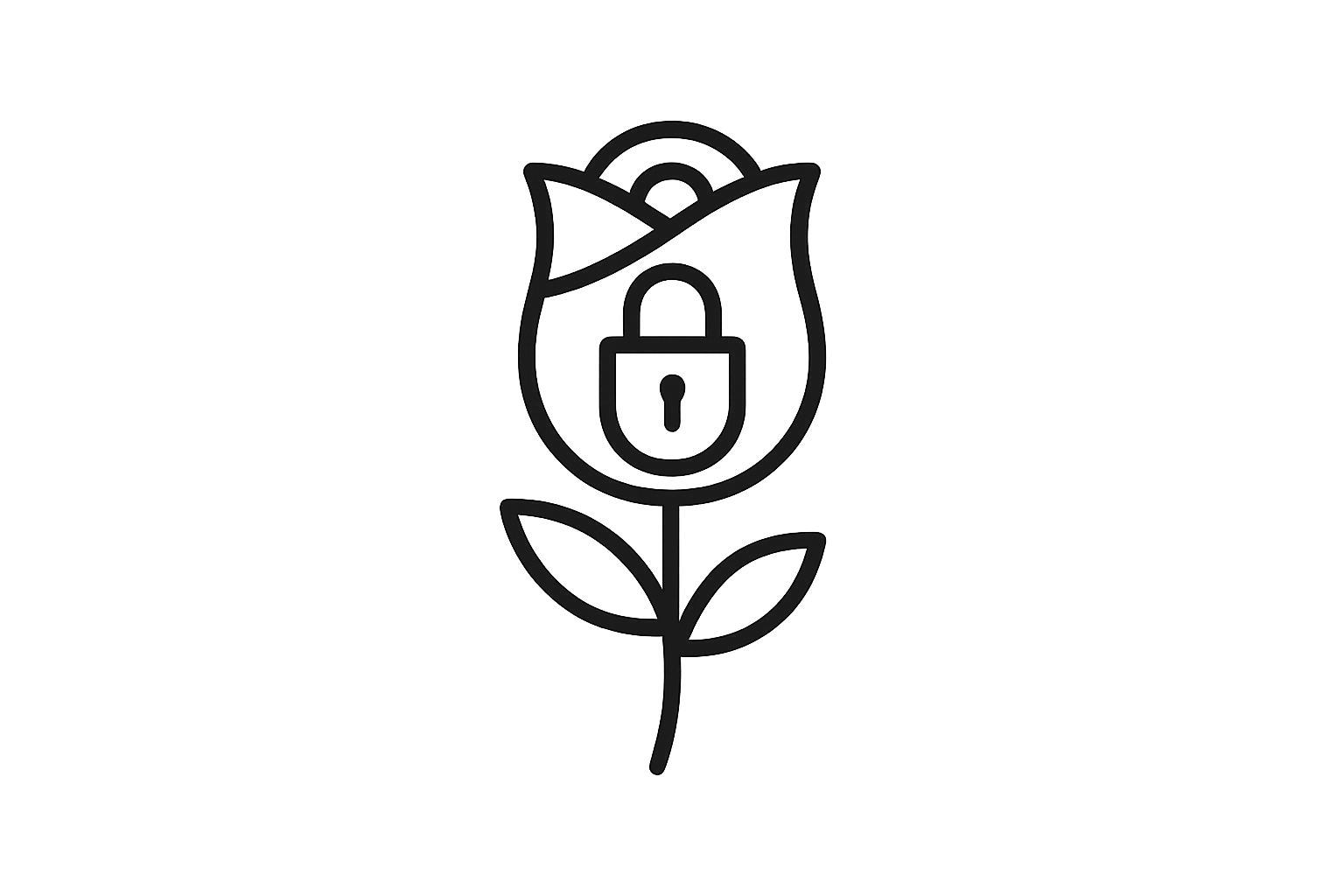 icon of secure checkout using image of a rose. Black and white