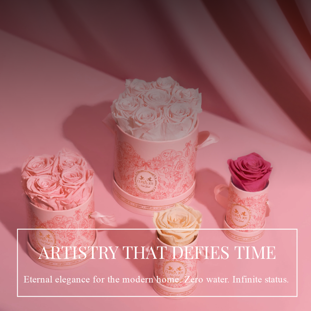 Decorative flower boxes with roses on a pink background