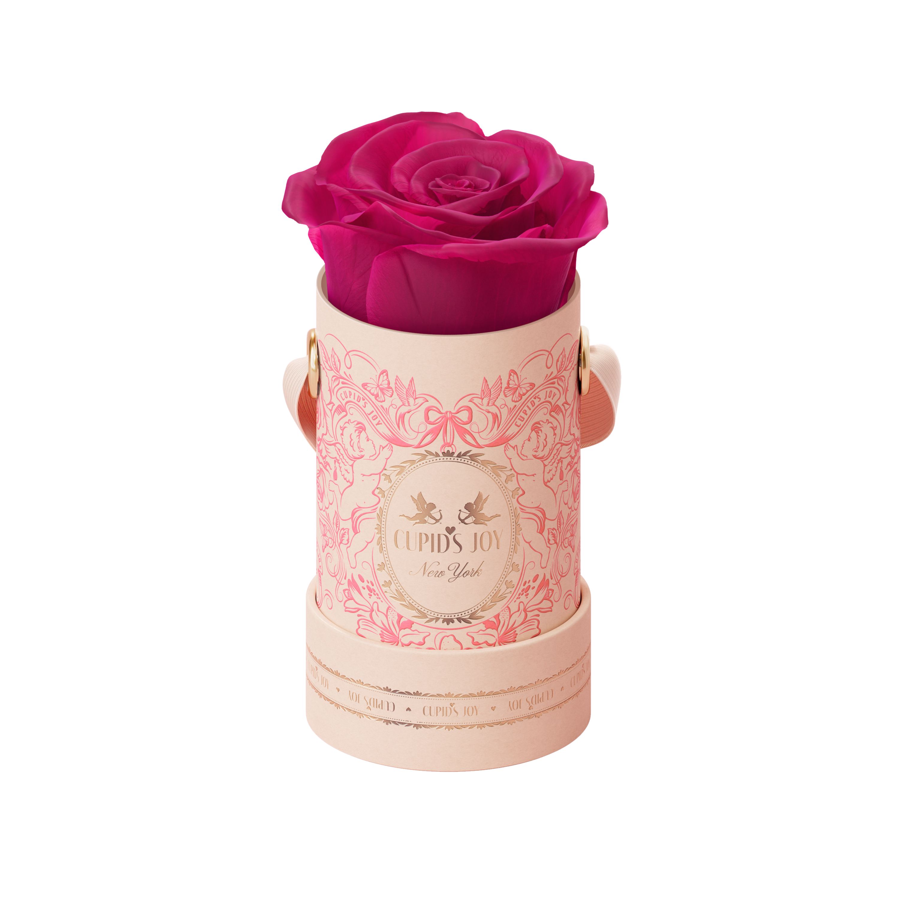 Preserved fuchsia rose in pink luxury box from Cupid's Joy collection by Maison Cupid